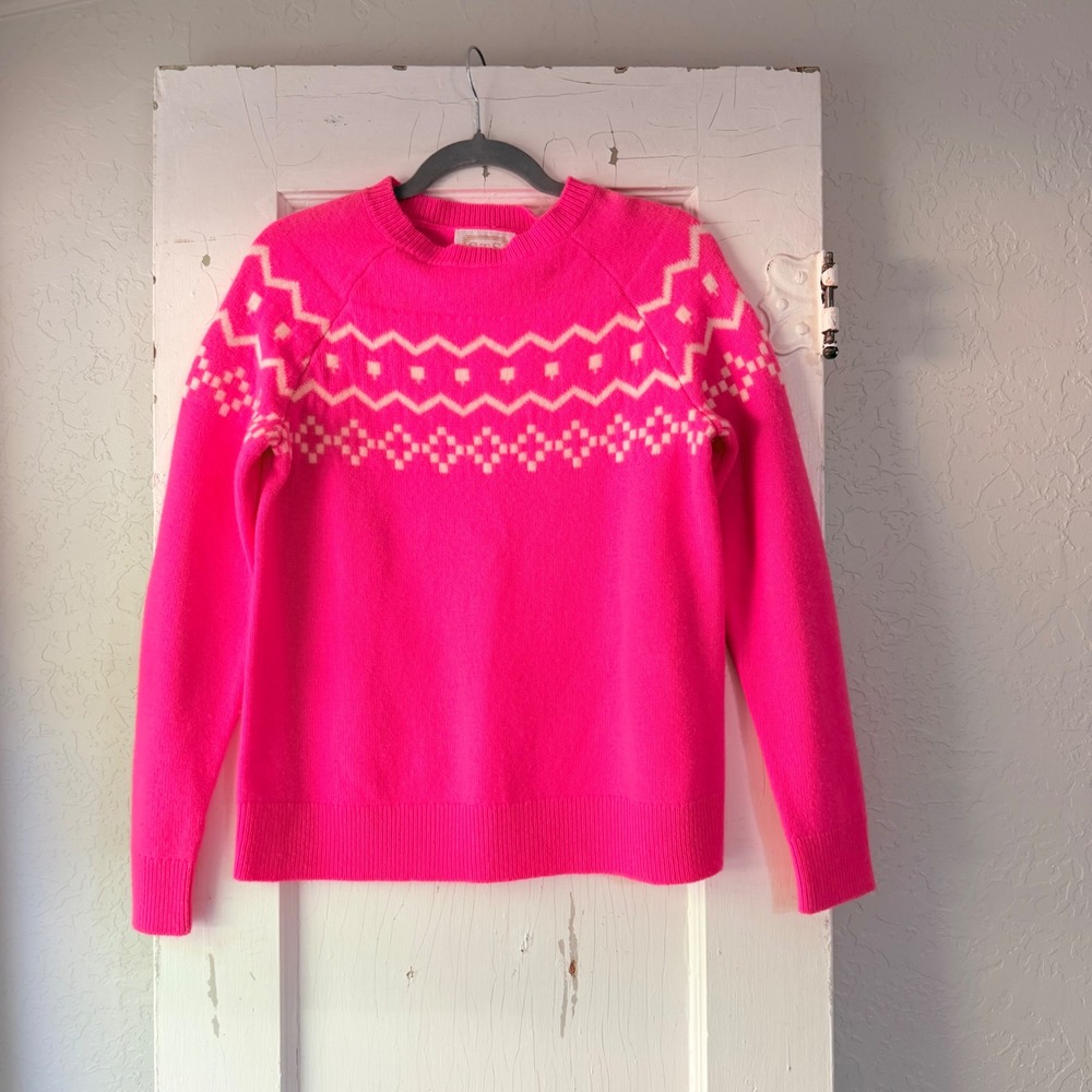 Sail to Sable STS Hot Pink Fair Isle Wool Cashmere Sweater Small Pink Cream